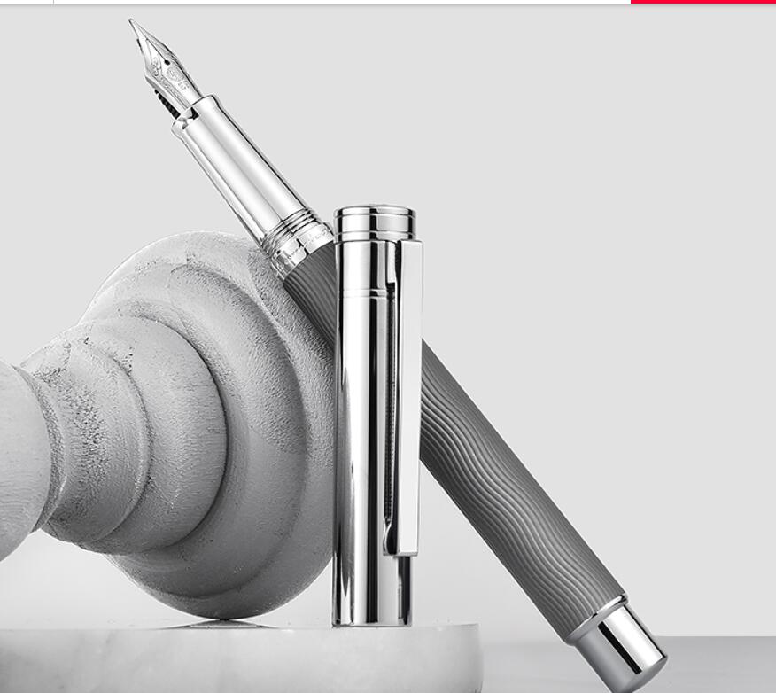 HongDian 1843 Metal Fountain Pen Voyager Series Beautiful Ripples Iridium EF/F Size Ink Pen Office Business Writing Ink Pen: Gray-One Pen / EF 0.4mm