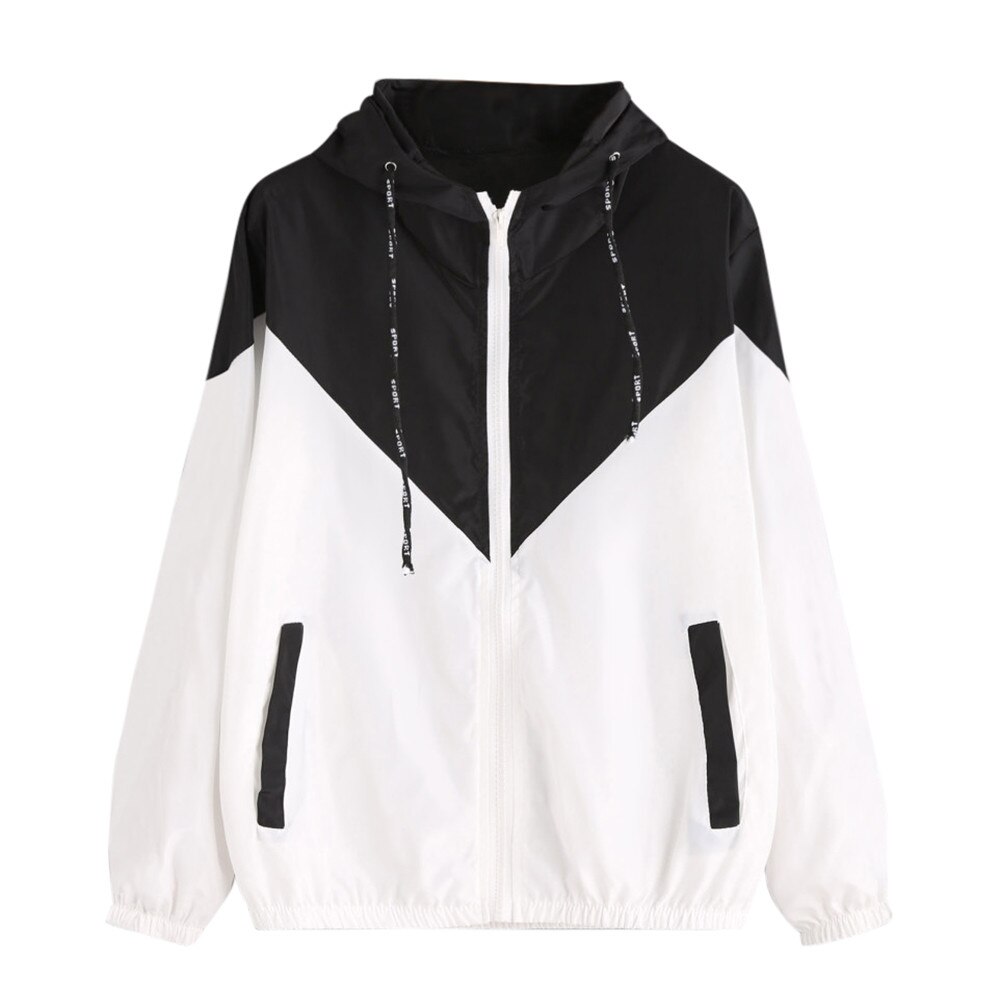Plus size hættejakke sport-wear kvinder langærmet frakke patchwork tynd skinsuit lynlås lomme sport frakke kvindelig fritidsjakke: Sort / 4xl