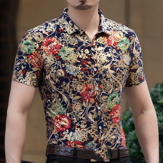 Hawaiian Casual 80% Silk Shirt Men Short Sleeve Both Sides Print Chinese Dragon Nation Flower Beach Summer Clothes