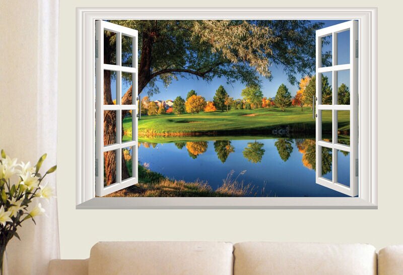 Wall Stickers Scenery natural Lake 3D Window Home decor Room Decal Pictures art
