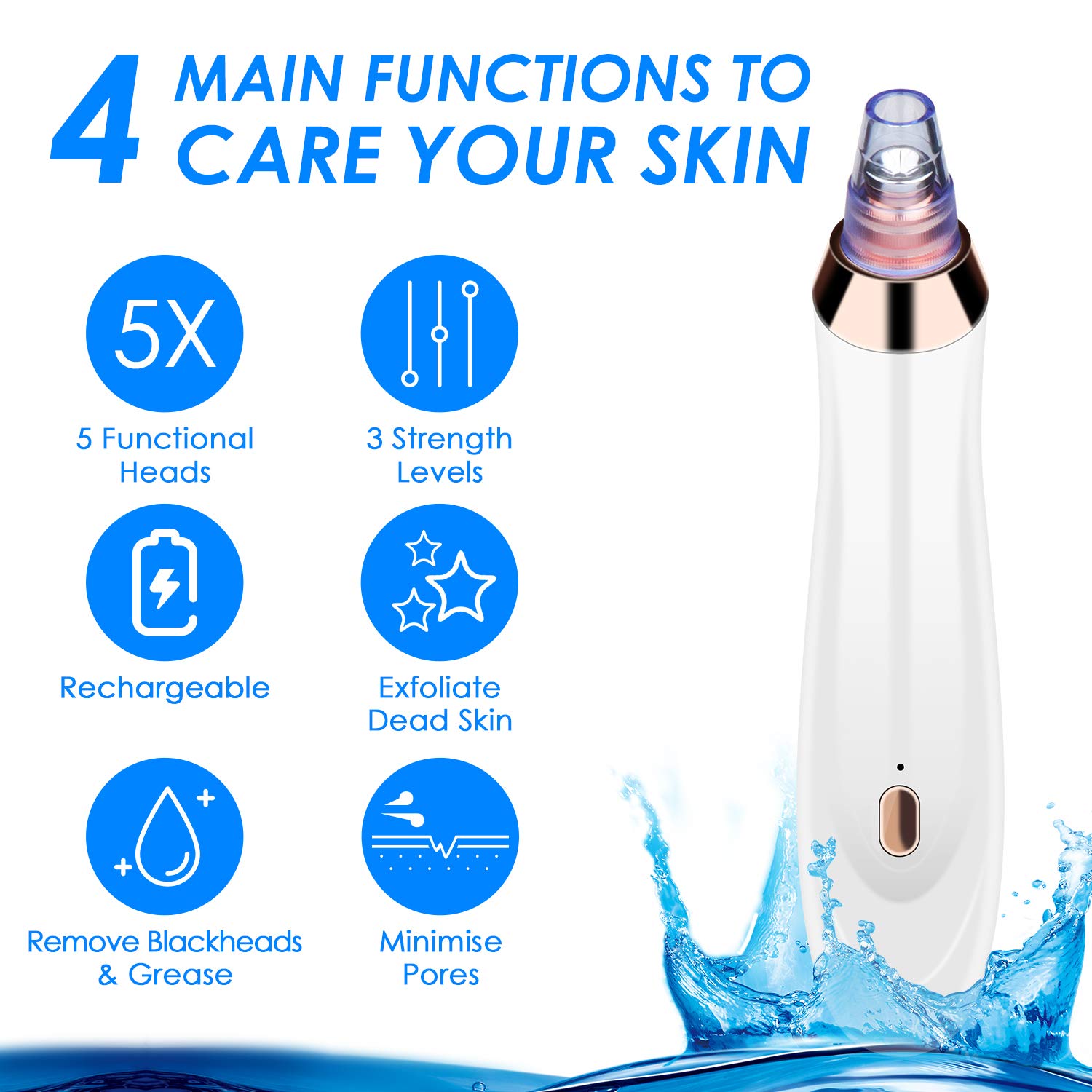 Blackhead remover Pore Vacuum 5 in 1 Blackhead Vacuum Tools Kit Electric Comedo Suction Device with 3 Adjustable Strength