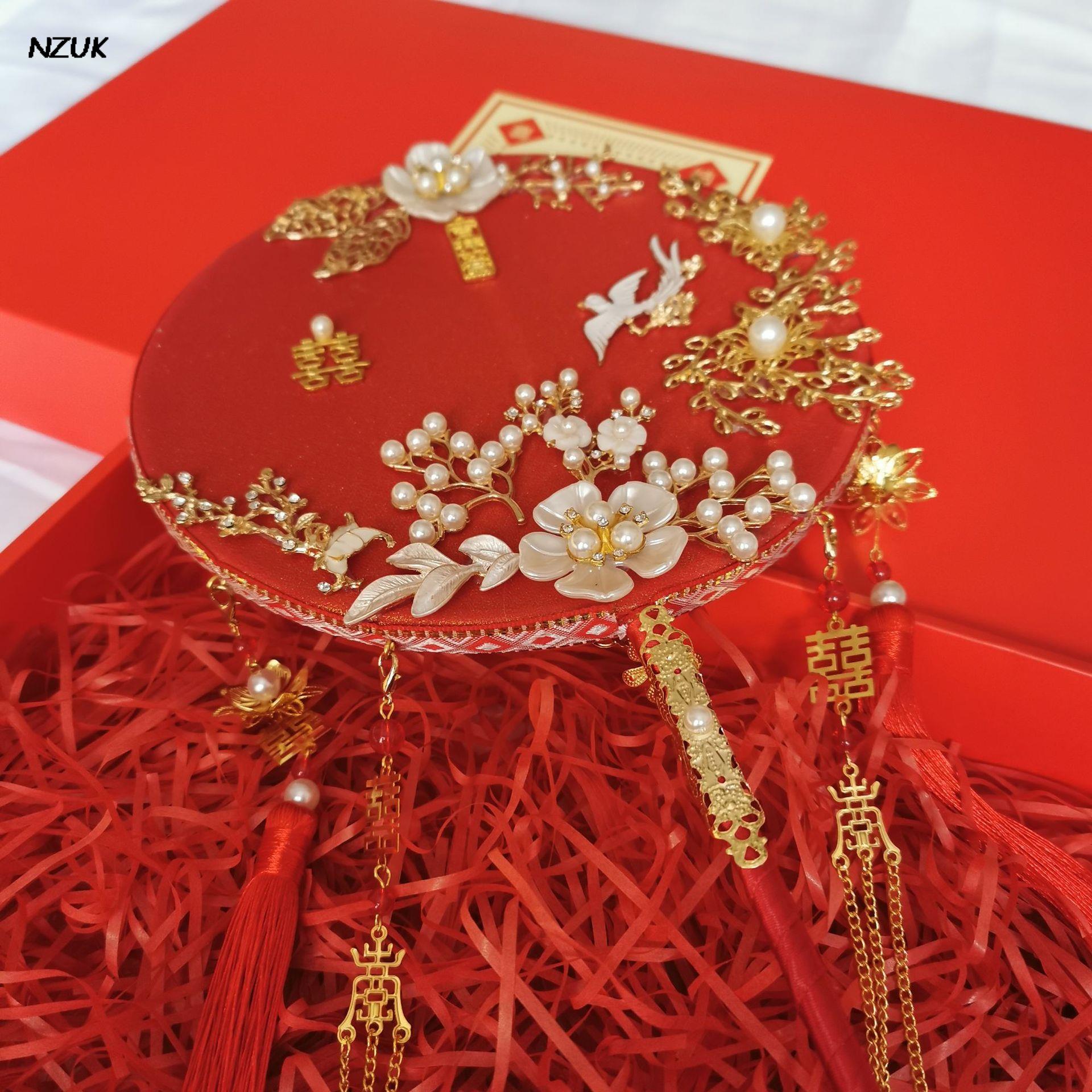 NZUK Red Chinese Wedding Fan Bouquet Ancient Style Handmade Classical Group Fan Traditional Bridal Hand-held Fan