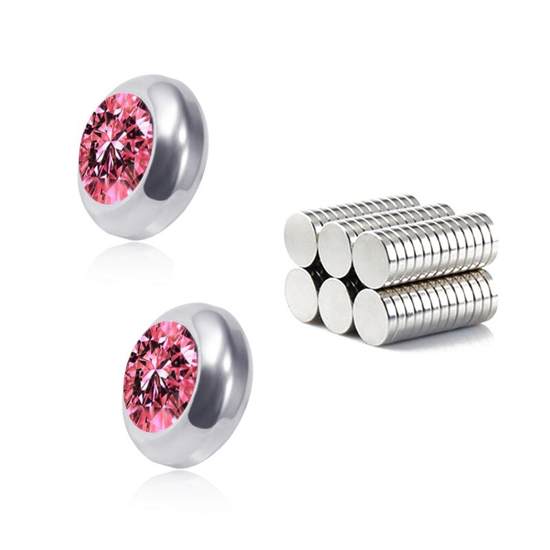 Orecchini dimagranti con perno magnetico orecchini a bottone in cristallo orecchini con magnete pigro con strass multicolore per uomo donna nessun foro forato: Pink