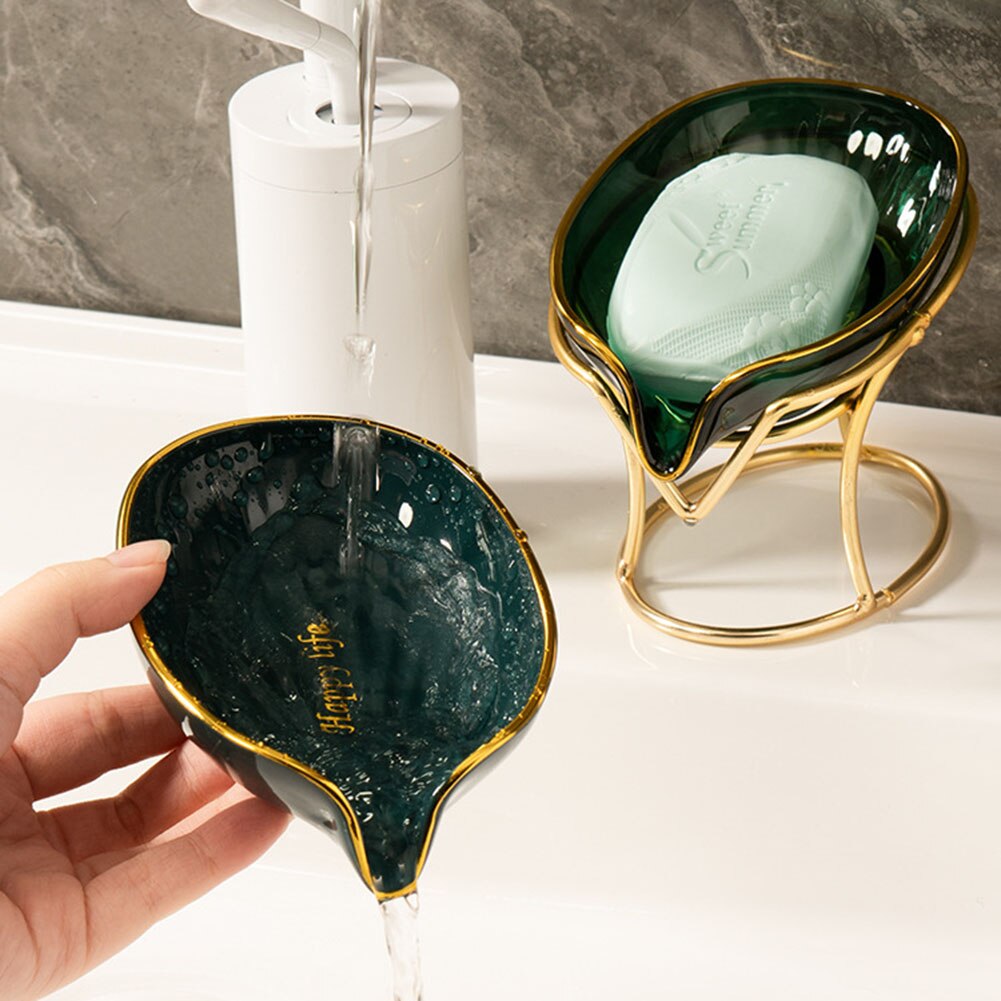 Luxury Ceramics Leaf Shape Soap Box Drain Iron Rack Soap Holder Shower Sponge Storage Plate Tray Non-slip Kitchen Supplies