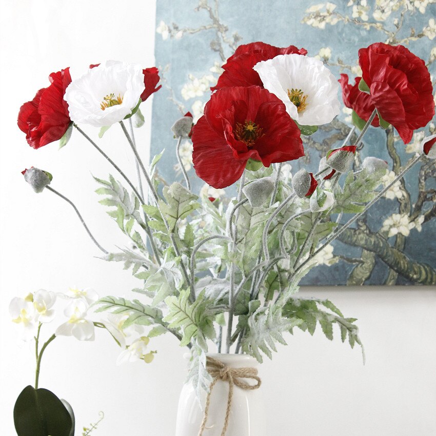 Stor rød valmuegren med flokkede blade kunstige blomster hjem stue dekoration fest favoriserer fotografering valmuer