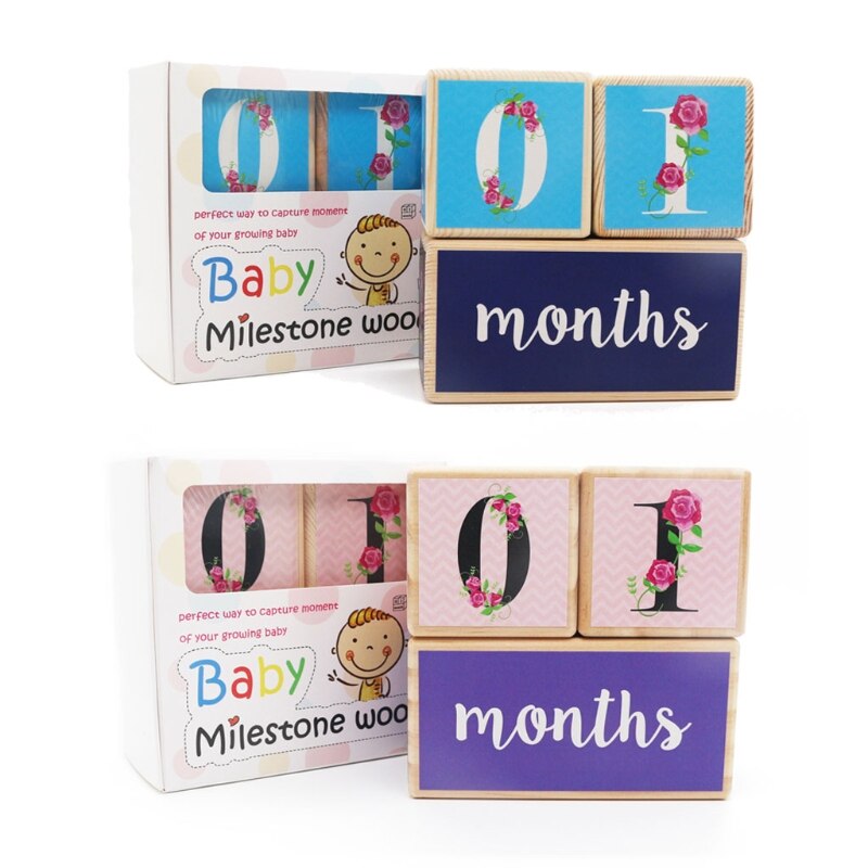 Wooden Baby Age Milestone Blocks Keepsake Baby Photo Prop Baby Educational Toy F3ME