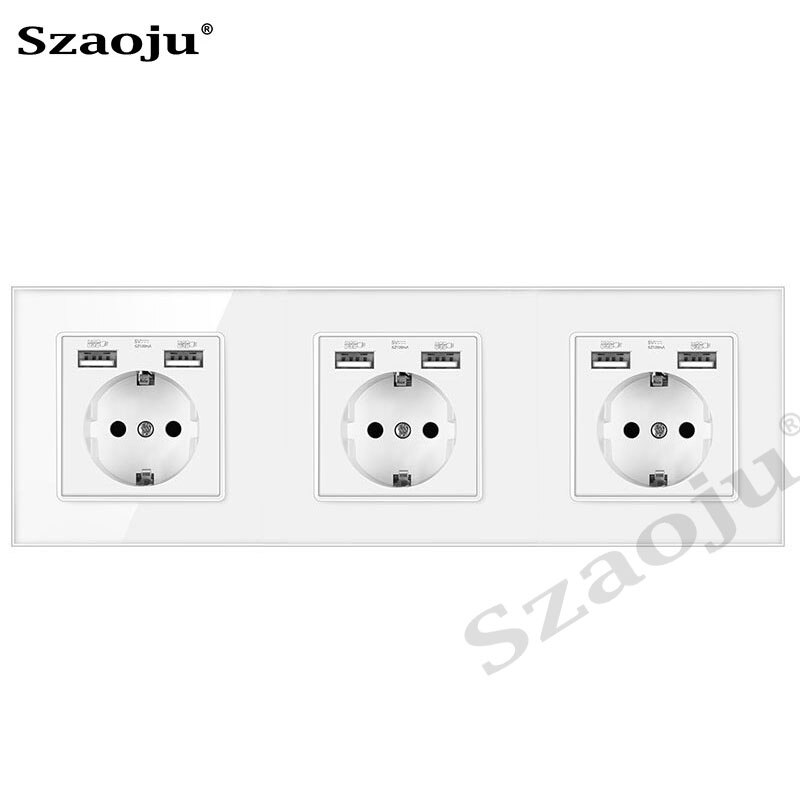 Szaoju wall socket German standard 16A crystal tempered glass panel socket Siamese power socket with USB charging AC110-250V: German 3USB