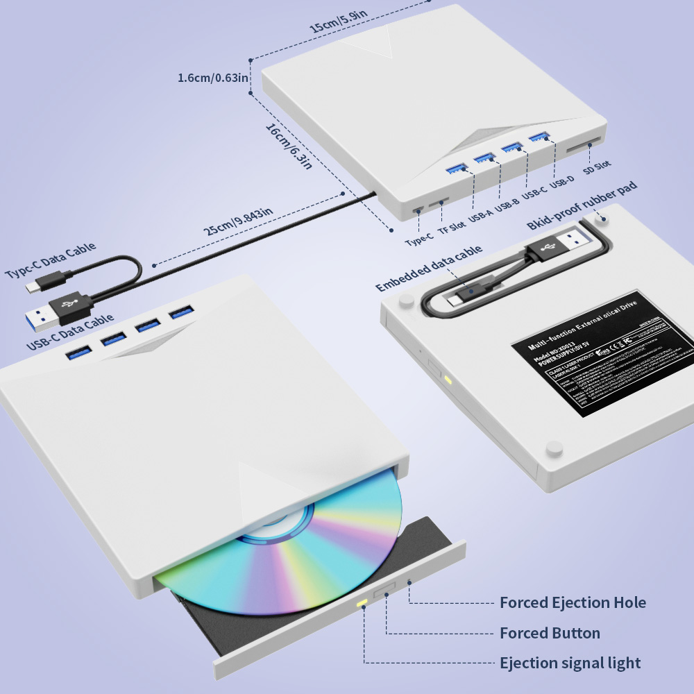 External CD DVD Drive with 4 USB Ports and 2 TF/SD Card Slots, USB 3.0 Portable CD/DVD Disk Drive Player Burner Reader Writer