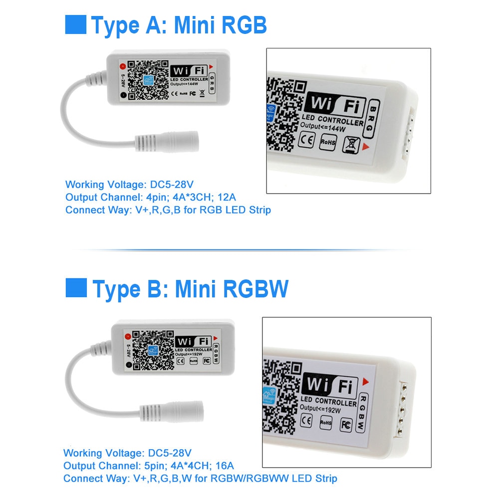 Rgb rgbw rgb-ww-cw wifi ledet-kontroller  dc12v 24v 16 millioner farger musikk og tidtaker wifi-kontroll til rgb rgbw ledet stripe.