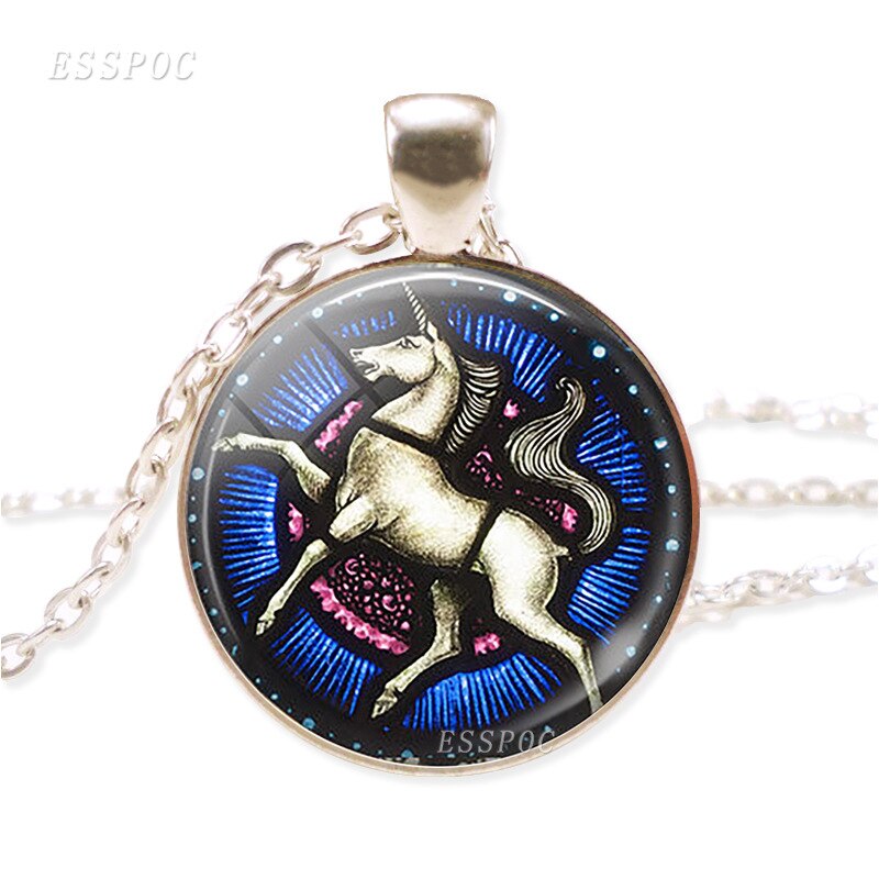 NPKDS di Modo Nuovo Collana In Lega di Zinco di Vetro Del Pendente Rotondo. Unicorn Tempo Gioiello Della Catena Del Maglione Preferito Regalo Di Compleanno: Glass Unicorn