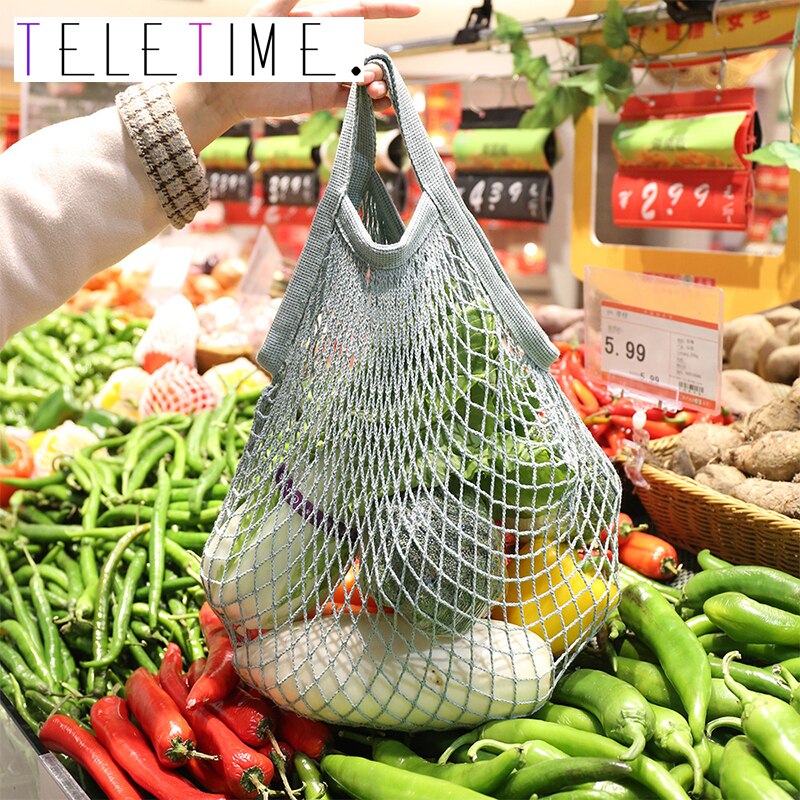 Neue Wiederverwendbare Taschen für Obst Gemüse Tasche Baumwolle Gittergewebe Schnur Organizer Handtasche Kurze/Lange Griff Netz Einkaufen Taschen tote