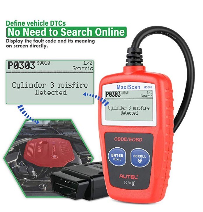 Autel MS309 Classic Enhanced Universal OBD II Scanner Car Engine Fault Code Reader CAN Diagnostic Scan Tool - Red