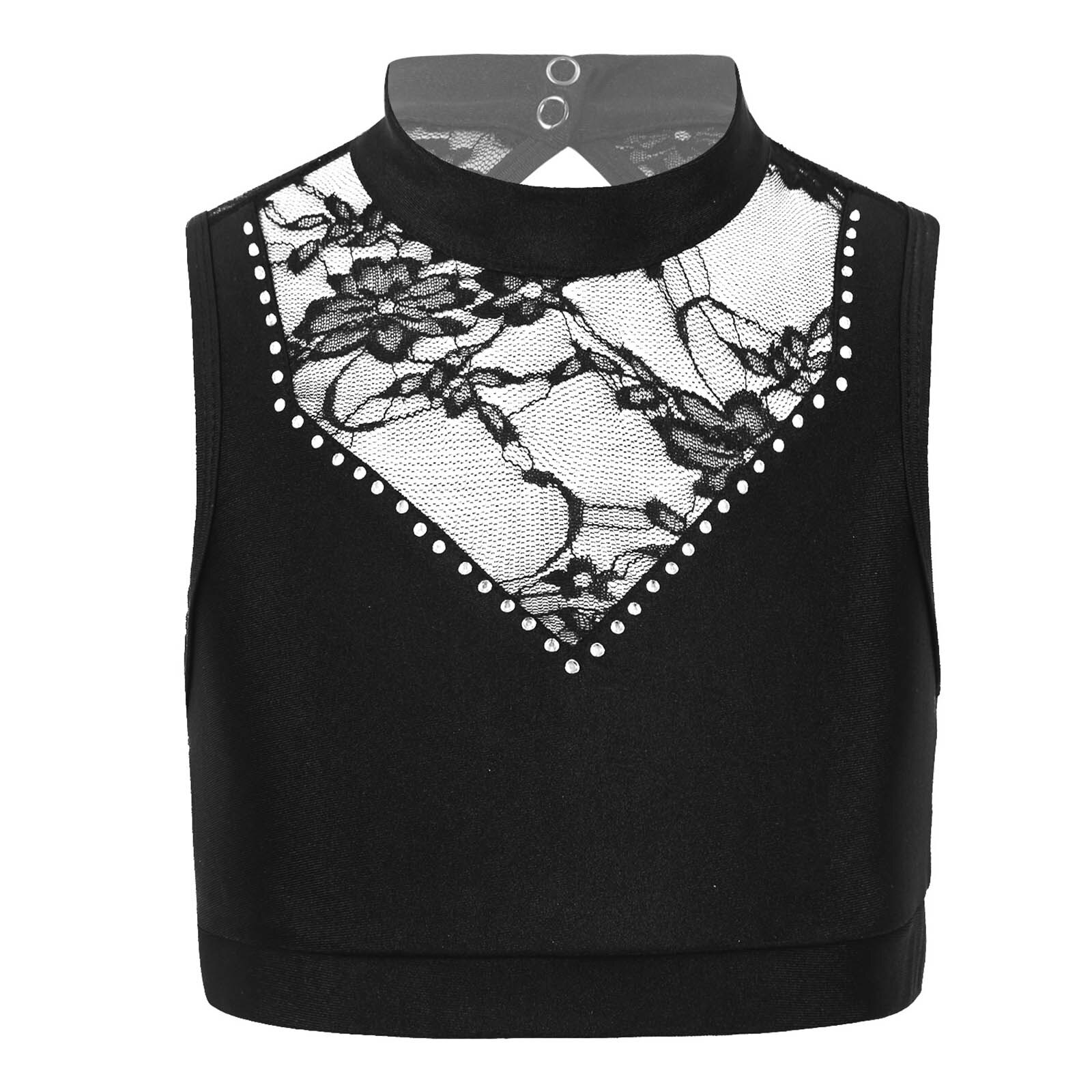 Kids Teens Girls Sleeveless Backless Lace Mesh Flower Dance Crop Top Girls Ballet Workout Gymnastics Tank Tops Ballet Dancewear: Black / 6