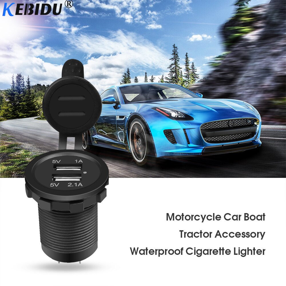 Kebidu universal duplo usb carregador de carro isqueiro usb veículo DC12V-32V à prova dwaterproof água carregador 2 porta tomada de energia 5v 2.1a/1a