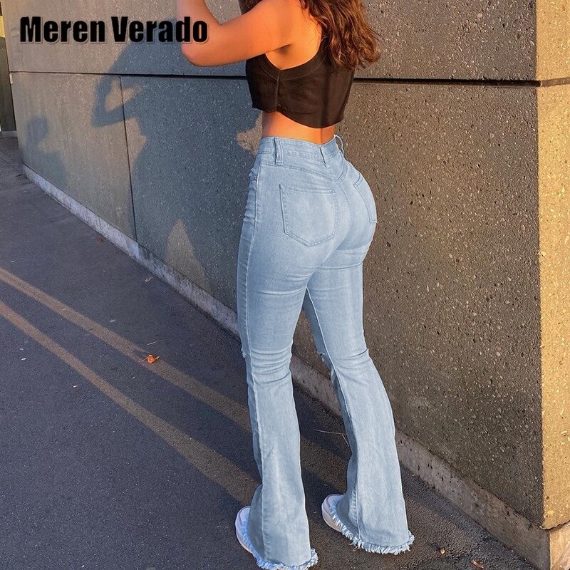 Femmes jean trou découpé en détresse déchiré femmes Flare jean taille haute Streetwear classique maigre jambe large Denim pantalon