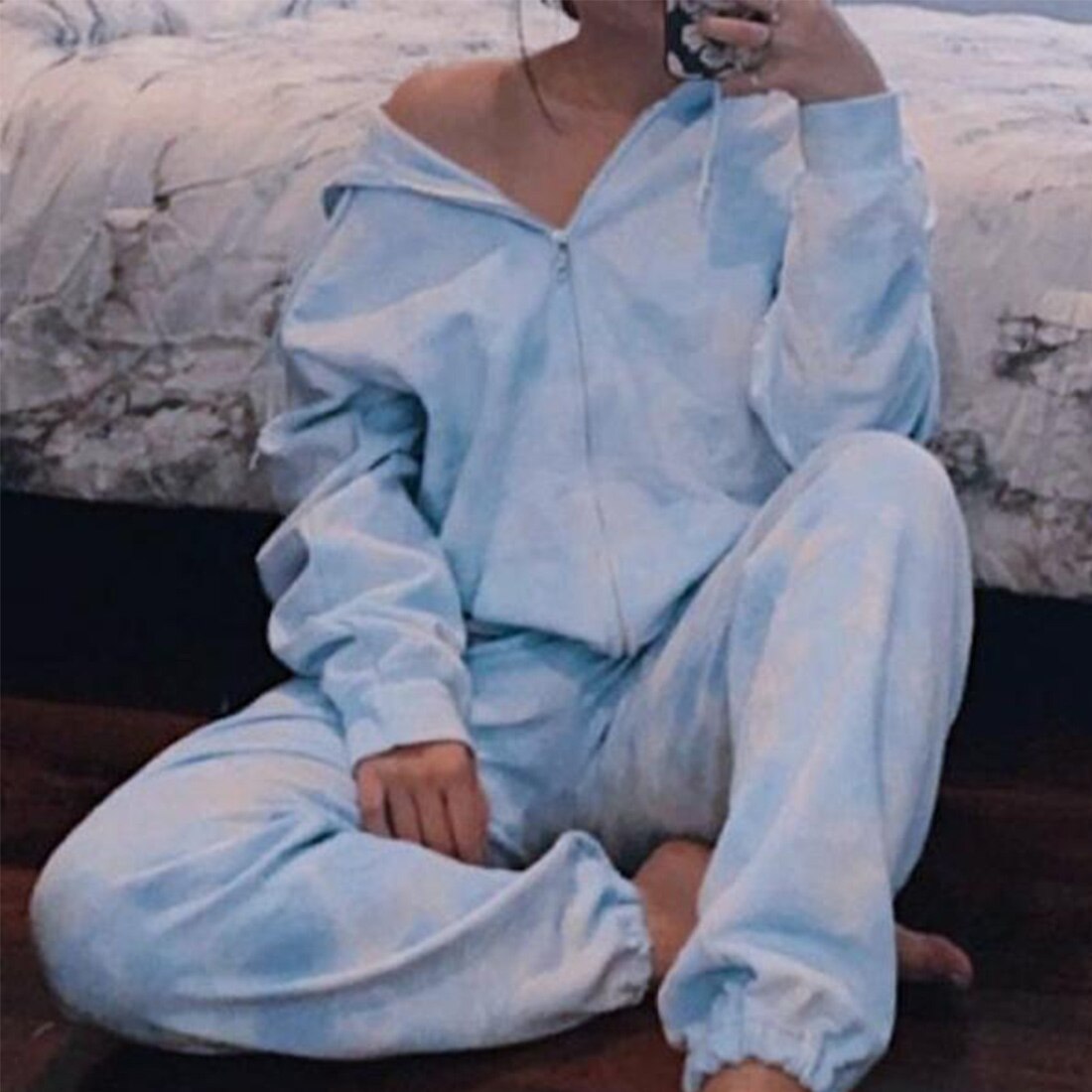 Vrouwen Print Trainingspak Tweedelige Set Hooded Lange Mouwen Tops Losse Elastische Taille Lange Broek Vrouwelijke Running Past Sportwear: blue / XL