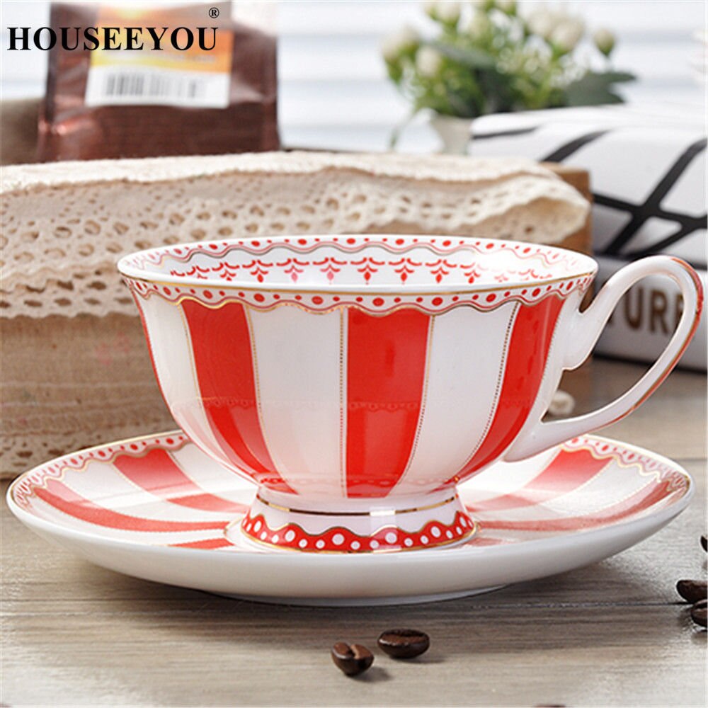HOUSEEYOU European Rainbow Bone China Coffee Cup Teacups Saucer Set Ceramic Cup Advanced Porcelain Valentine Tea Cup: red