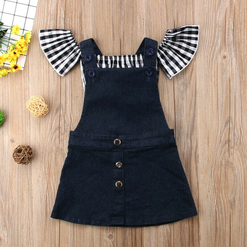 Del bambino Del Bambino Delle Ragazze di Estate di Modo Grazioso 2PCS Set Manica Corta Petalo Plaid T-Shirt Magliette e camicette Button Solid Tute e Salopette Vestito 1-6Y