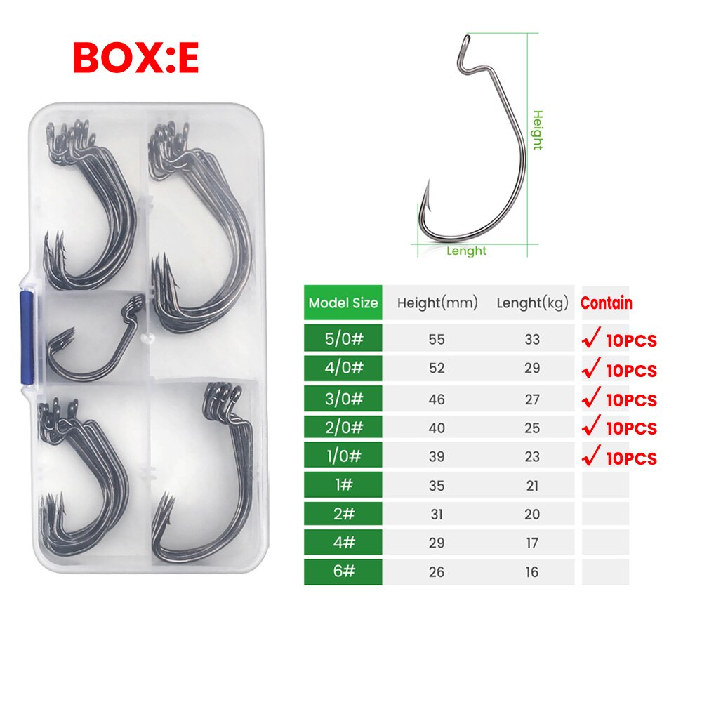 DNDYUJU-anzuelos de pesca de mar 6 #-5/0 #, accesorios aparejos, señuelo de pesca suave, 50 Uds.: BOX-E