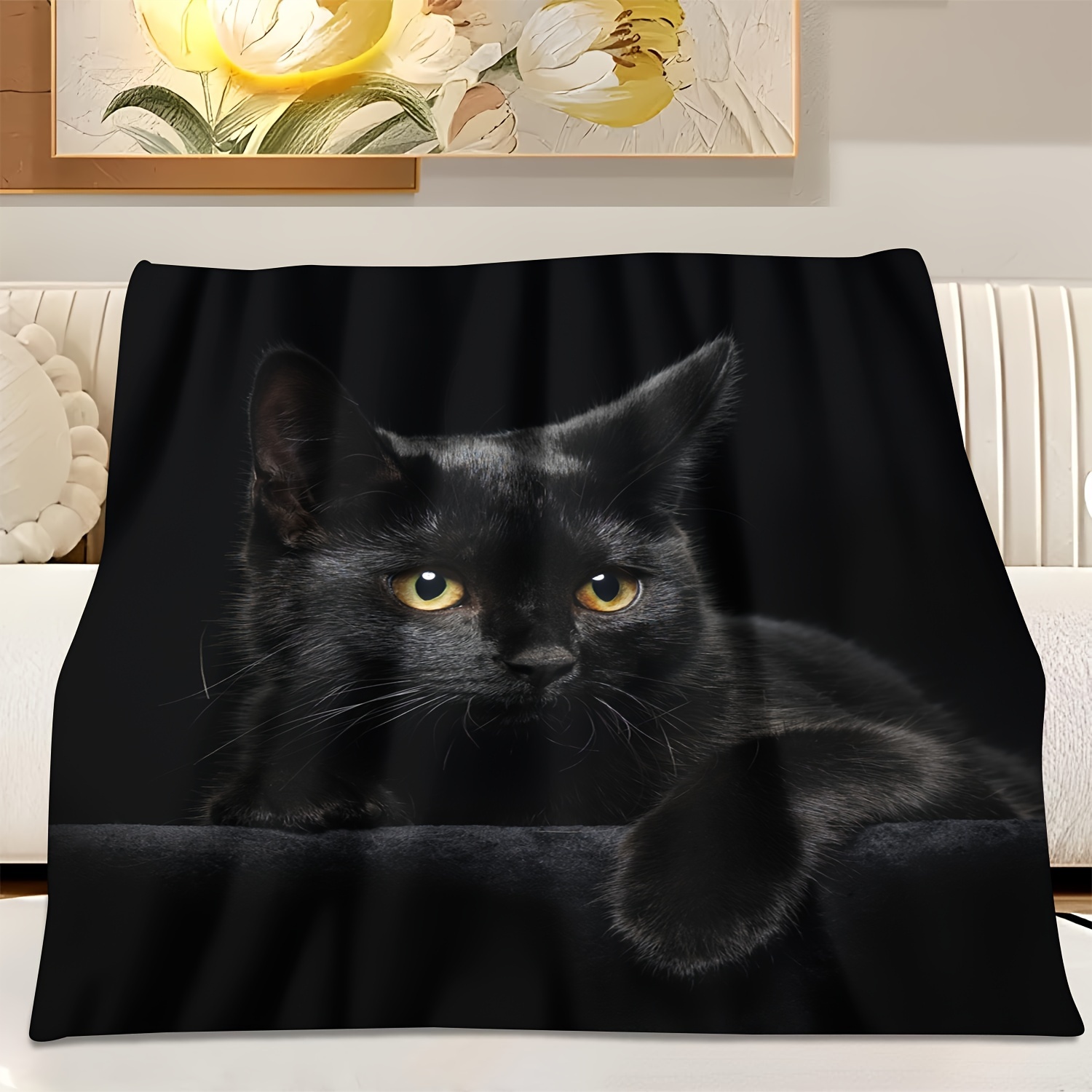 Couverture en flanelle chat noir 1 pièce, douce, respectueuse de la peau, chaude, lavable à la Machine, adaptée au canapé, au lit, au bureau, aux voyages, aux chaises de Camping