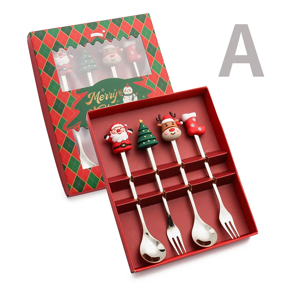 4 stks/set Kerstcadeau Goud Zilveren Lepel Vork Set Elanden Kerstboom Decoratie Dessert Scoop Fruit Vork Koffielepel Bestek: Blauw