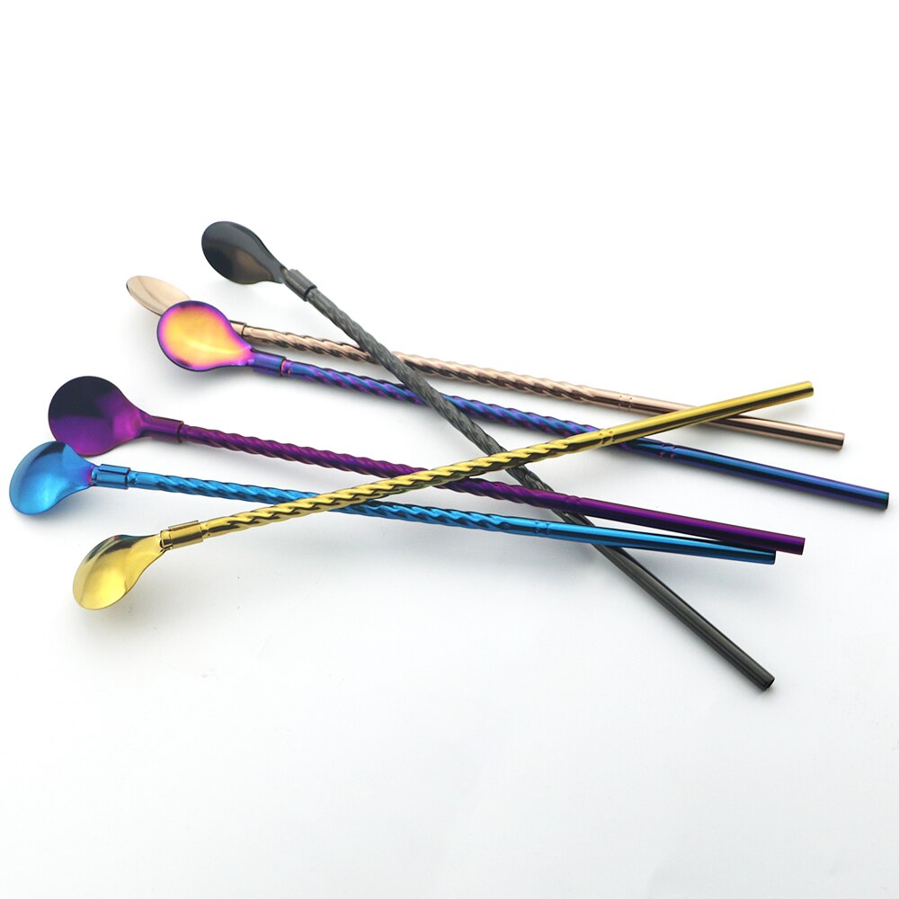 2Pcs Kleurrijke Herbruikbare Rietje Lepel Cocktail Roeren Lepel Roestvrij Stalen Metalen Rietjes Bar Koffie Roeren Gereedschap