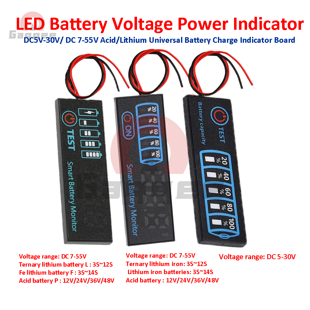Lithium-Batterie-Füllstandsanzeige, Lipo Li-Ion, universelle Batteriekapazitätsplatine, DC 7–55 V/5 V–30 V, LED-Spannungsanzeigemodul