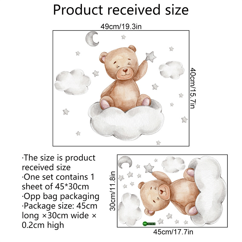 Cartoon Teddy Bear Sleeping on The Moon and Stars Wall Stickers for Kids BedRoom Baby Room Decoration Wall Decals Room Interior