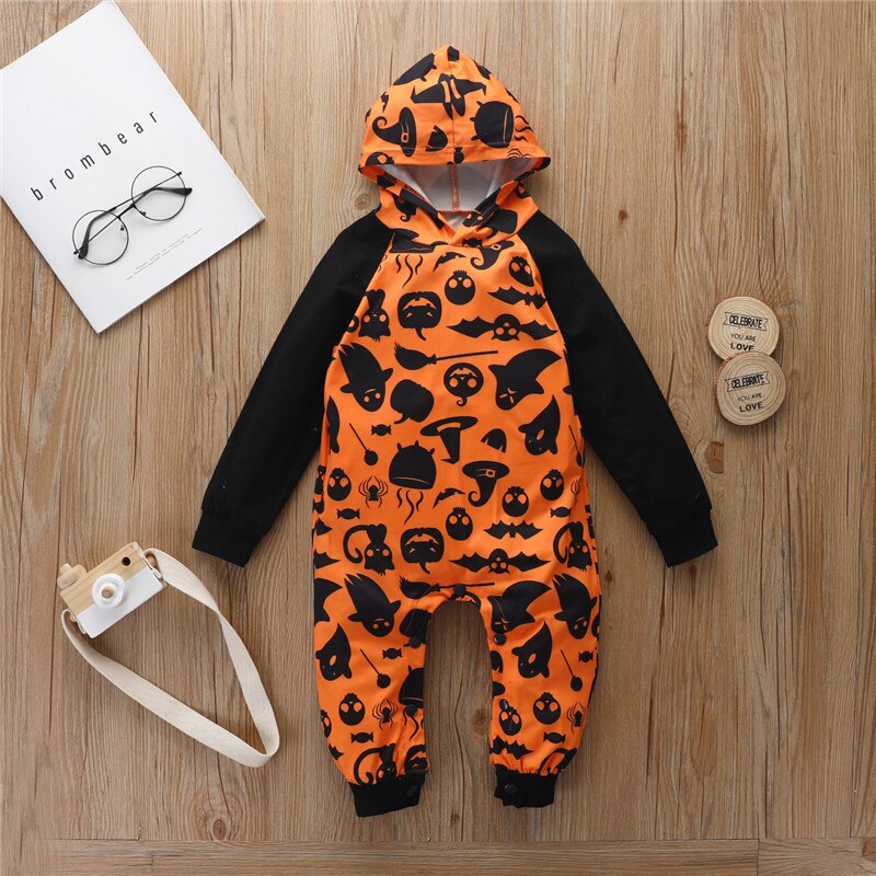 Baby Jongens Meisjes Halloween Rompertjes Lange Mouwen Hooded Ghost Pompoen Gedrukt Hooded Kleding Jumpsuits 3-24 Maanden