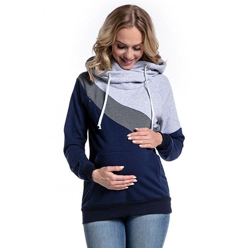 Plus Size S-2XL Womens Breastfeeding Maternity Nursing Hoodie Sweatshirt Long Sleeve Patchwork Zipper Pullover Top