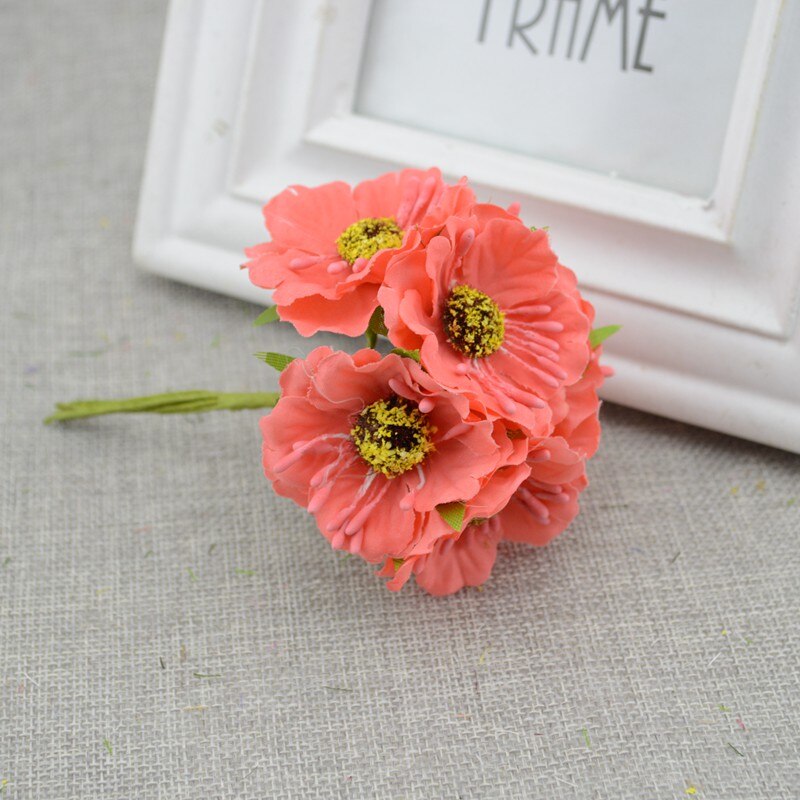 6 Stks/partij Cherry Blossom Kunstbloemen Trouwauto Vaas Voor Thuis Decoratie Bruid Boeket Handgemaakte Zijden Planten: Orange red