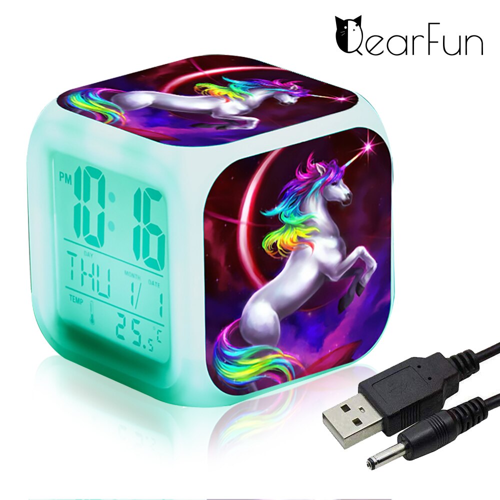 Unicorn Kids Alarm Clock 7 Colors LED Night light Wake Up Clock with Thermometer Snooze будильник Home Desk Decor Christmas: 4-no batteries