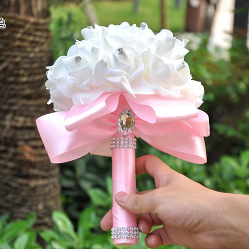 Romantisk bryllupsbuket brudepige bryllupsdekoration skum blomster rose brude buket hvid satin bedrift blomster: Lyserød