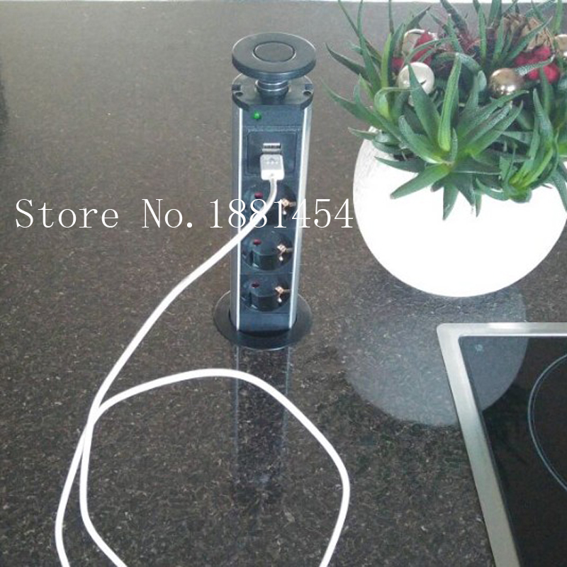 220V 16A PULL POP UP Electrical 3 Plug Socket 2 USB Outlet Kitchen Table Socket Retractable for Countertops Worktop UK/EU Plug