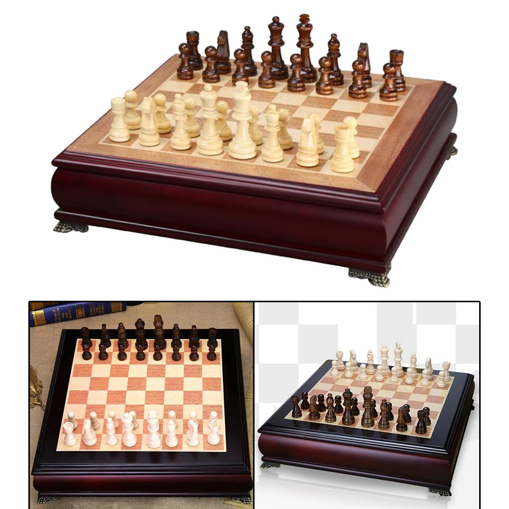 Wooden Carved Chess Set Competitive Board Games Wood Board Box Storage Slots for Adults Kids Family Friends