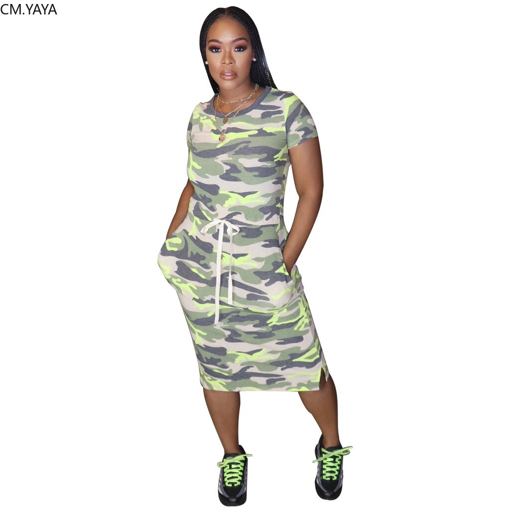 Vrouwen Zomer Elegante Camouflage Print Korte Mouw Tee Slim Side Split O-hals Jurk Casual T-shirt Jurken Vestido