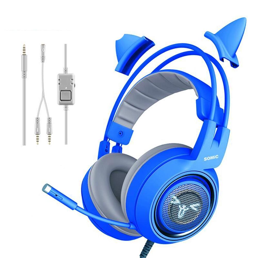 SOMIC G951s PS4 Pink Cat Ear Noise Cancelling Headphones 3.5mm Plug Girl Kids Gaming Headset with Microphone for Phone: Blue