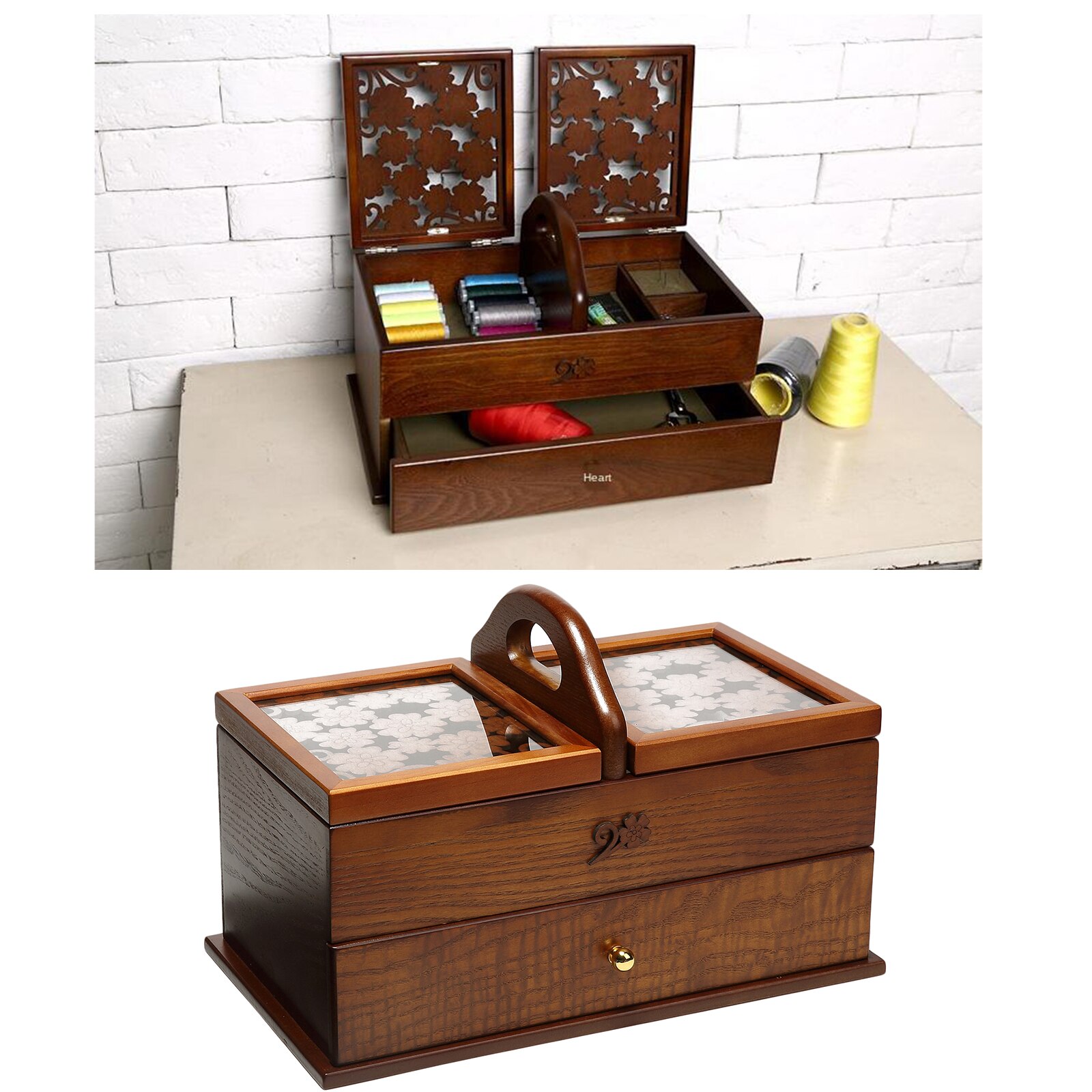 Protable Antique Sewing Kit Box Basket Wooden Hand for Home Sewing Repair Tool Kit Sew Kit Accessory Adult Beginner Supplies
