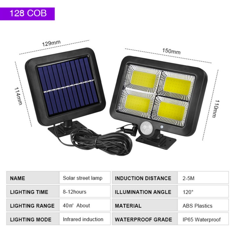 Pir bevægelsessensor outdooe gadelys solpanel strøm 30w 600lm cob 120/100 led vandtæt sollys væg have solcellelamper: Cob 128 lysdioder