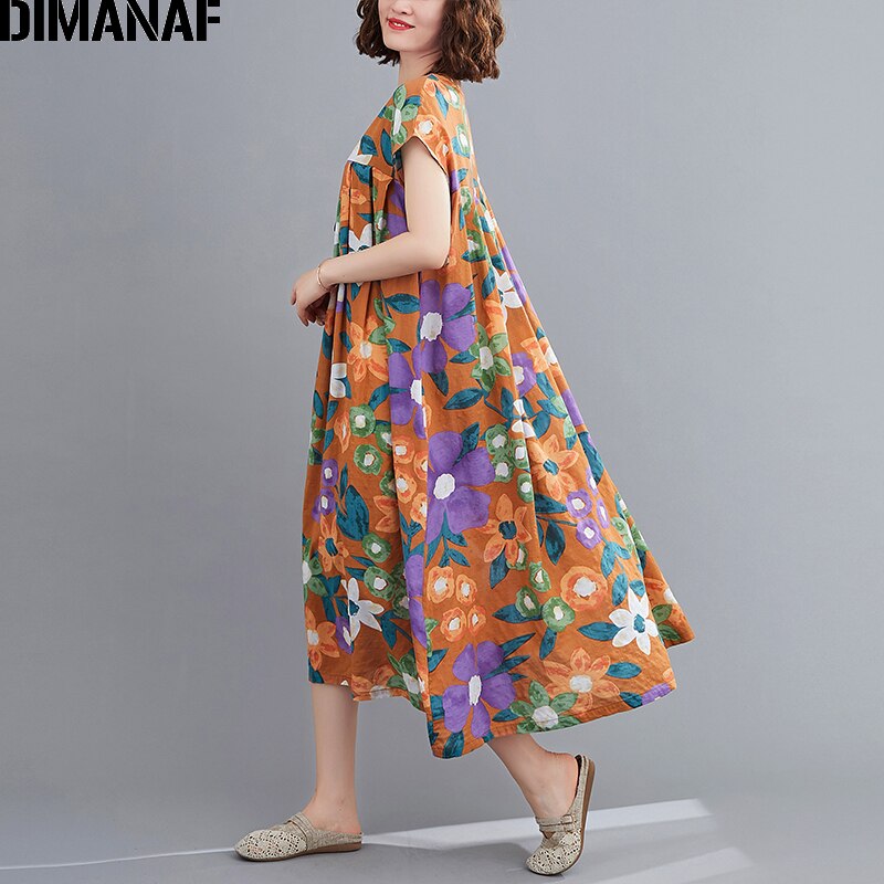 Dimanaf sommer plus størrelse kvinder kjole strand stil kvinde vestidos solkjole løst print blomster plisseret dame lang kjole