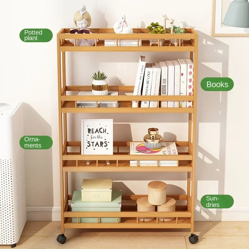 Scaffale da pavimento a spazio stretto Scaffale da bagno in piedi con ruote Carrello portaoggetti in bambù multistrato