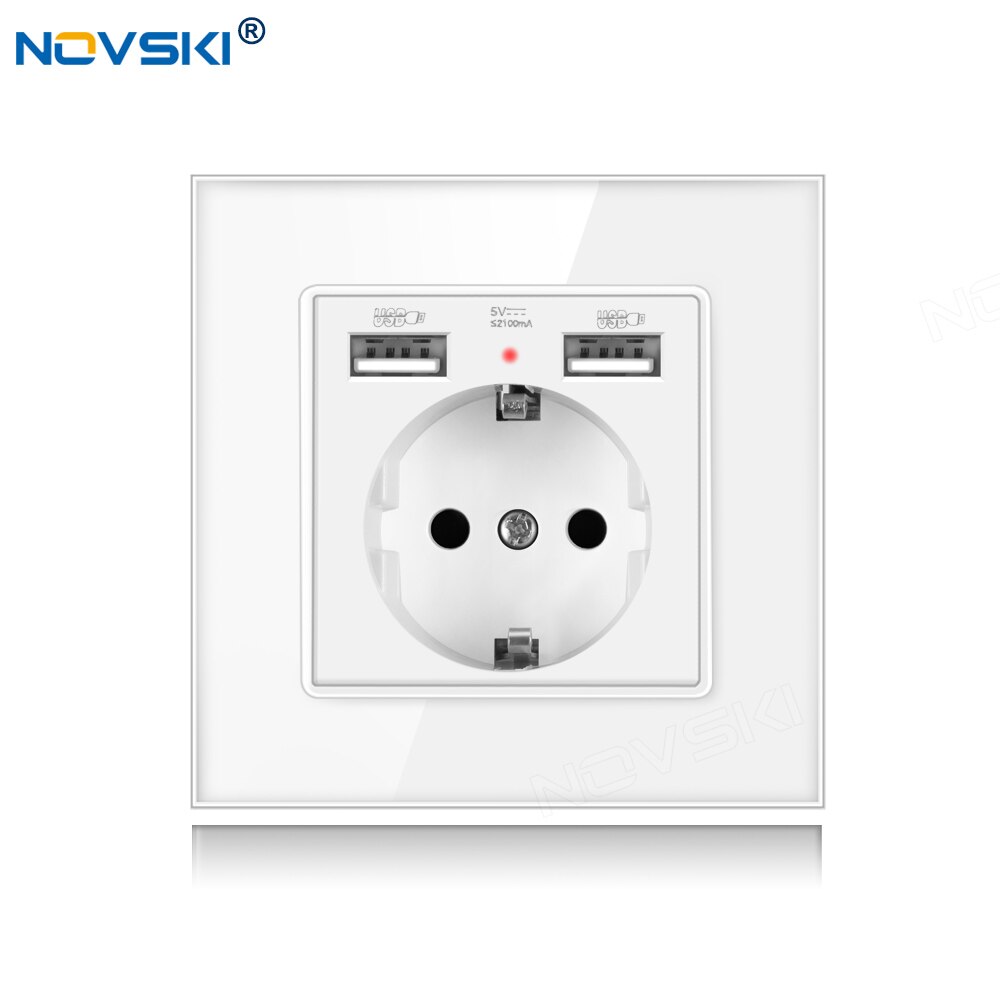 NOVSKI Pop Socket, USB-разъем 220, Electrical German Outlet, 2.1A Dual USB Charging Port with Soft LED Indicator: Crystal Glass White