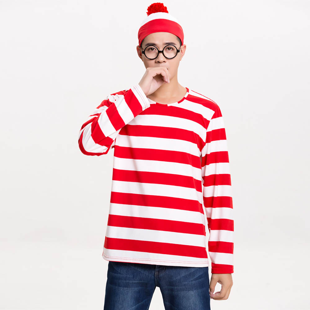 Erwachsene Herren Damen Wally Wenda Waldo Charakter Kostüm Rot Weiß Outfit Buch Woche Phantasie Kleid Hemd Hut Gläser