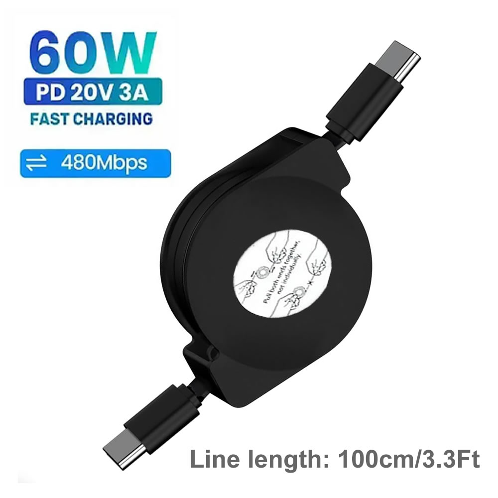 PD 100 W USB C einziehbares Datenkabel, für iPhone 15 Profi Max für MacBook Samsung Schnellladekabel für iPad Typ C Laptop-Schalter: Schwarz