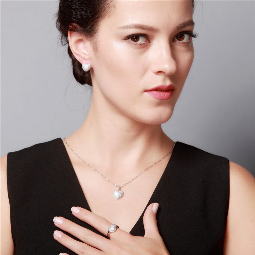 Uloveido Heart Necklace Earring Ring Jewelry Set Crystal Women Silver Color Wedding Bridal Jewelry Sets 49%off T004