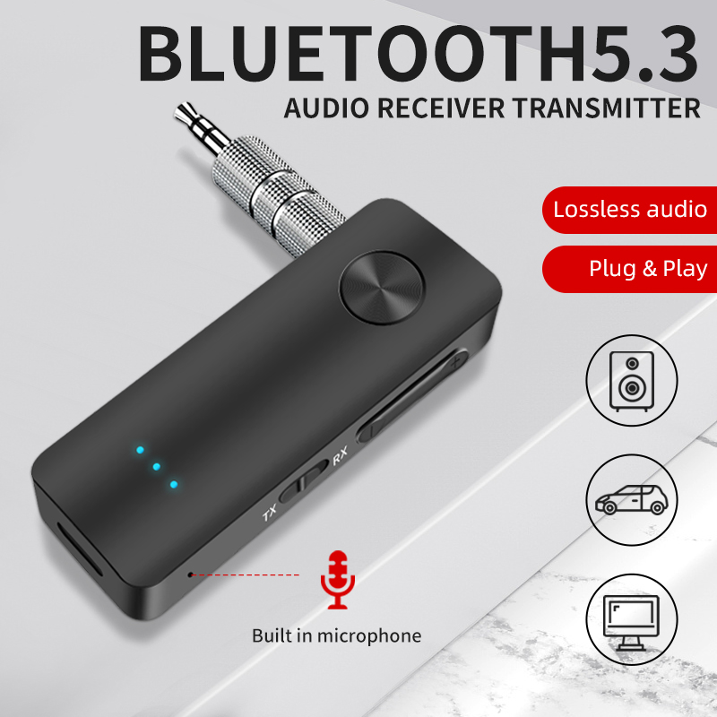 Transmisor receptor de Audio T66 Bluetooth 5,3 3,5mm AUX estéreo 2 en 1 adaptador inalámbrico de música con micrófono para TV PC auriculares Kit de coche