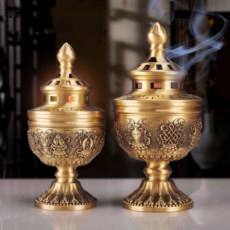 Multifunksjonell tibetansk messing stearinlyslampe håndverk preget buddhistisk røkelse lysestake altere innendørs skrivebordsdekorasjon