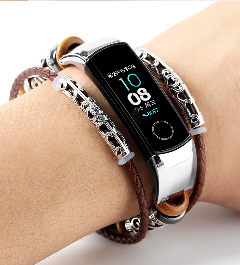 Pulsera de cuero para HONOR Band 5 4 Correa Metal acero inoxidable decoración para HUAWEI HONOR Band 5 Correa pulseras Accesorios