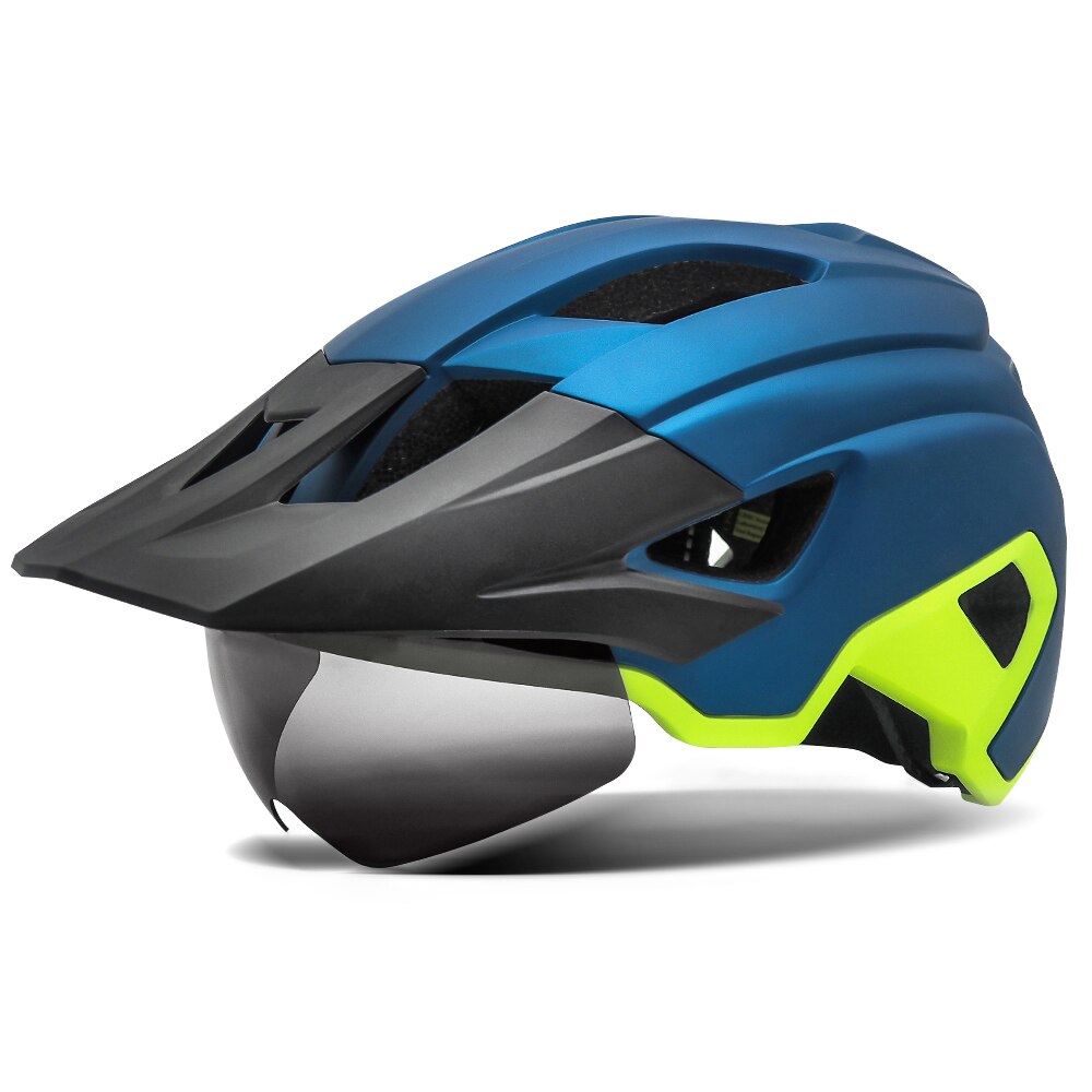 Mtb Helm Fietsen Mannen Vrouwen Rijden Met Achterlicht En Zonneklep Goggles Xc Weg Mountainbike Helmen Met Lens casco Ciclismo: Blue