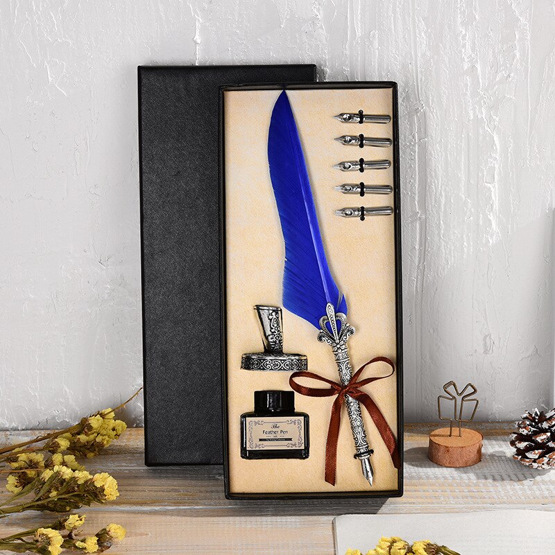 Vintage Antique Feather Dip Pen Metal Nibbed Ink Writing Quill Pen Retro Scrapbooking Feather Pen Set Birthday